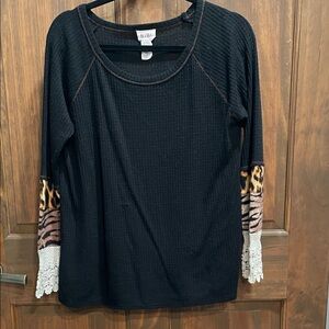 BiBi Black Long Sleeve Top with Animal Print Accents
